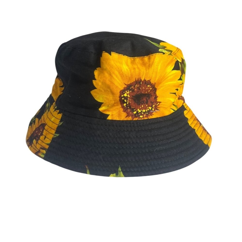 BYOS Sunflower Print Bucket Hat Black Yellow OS Cotton Summer